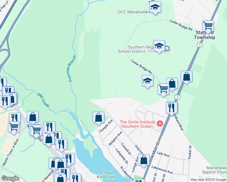 map of restaurants, bars, coffee shops, grocery stores, and more near 180 Littleworth Road in Stafford Township