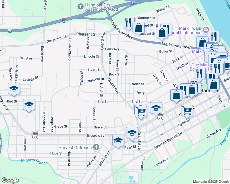 map of restaurants, bars, coffee shops, grocery stores, and more near 1401-1499 Hill Street in Hannibal