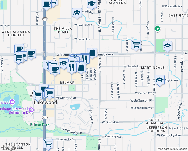 map of restaurants, bars, coffee shops, grocery stores, and more near 472 South Reed Court in Lakewood