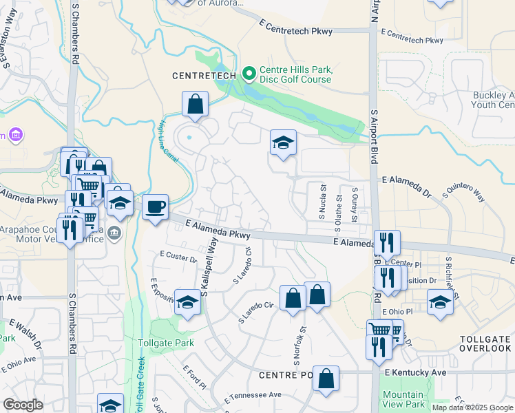 map of restaurants, bars, coffee shops, grocery stores, and more near 16103 East Alaska Place in Aurora