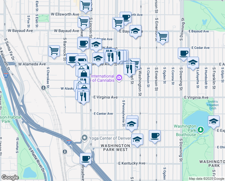 map of restaurants, bars, coffee shops, grocery stores, and more near 466 South Grant Street in Denver