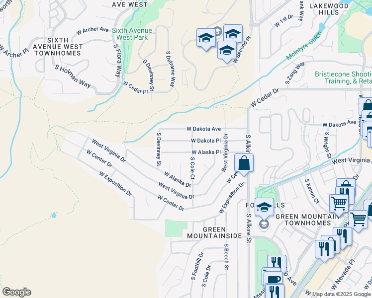 map of restaurants, bars, coffee shops, grocery stores, and more near 13675 West Alaska Place in Lakewood