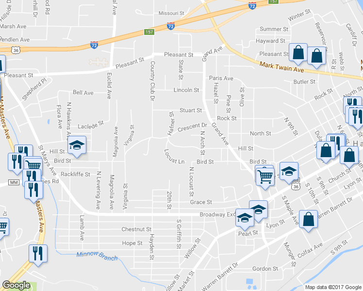 map of restaurants, bars, coffee shops, grocery stores, and more near 26 Ridgewood Drive in Hannibal