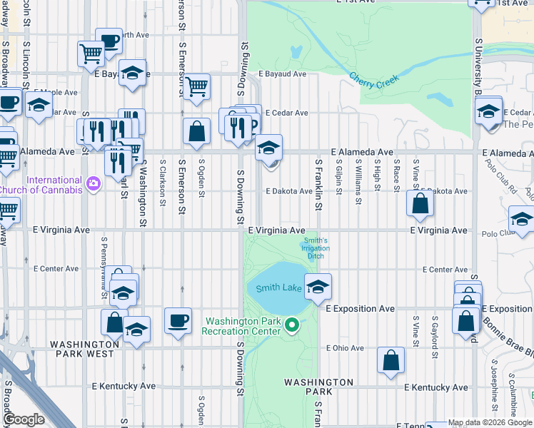 map of restaurants, bars, coffee shops, grocery stores, and more near 480 South Marion Parkway in Denver