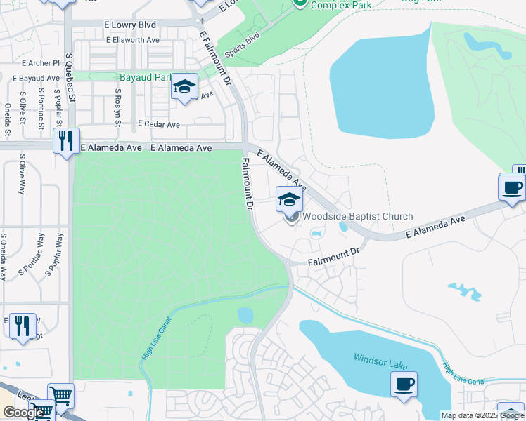 map of restaurants, bars, coffee shops, grocery stores, and more near 8400 Fairmount Drive in Denver