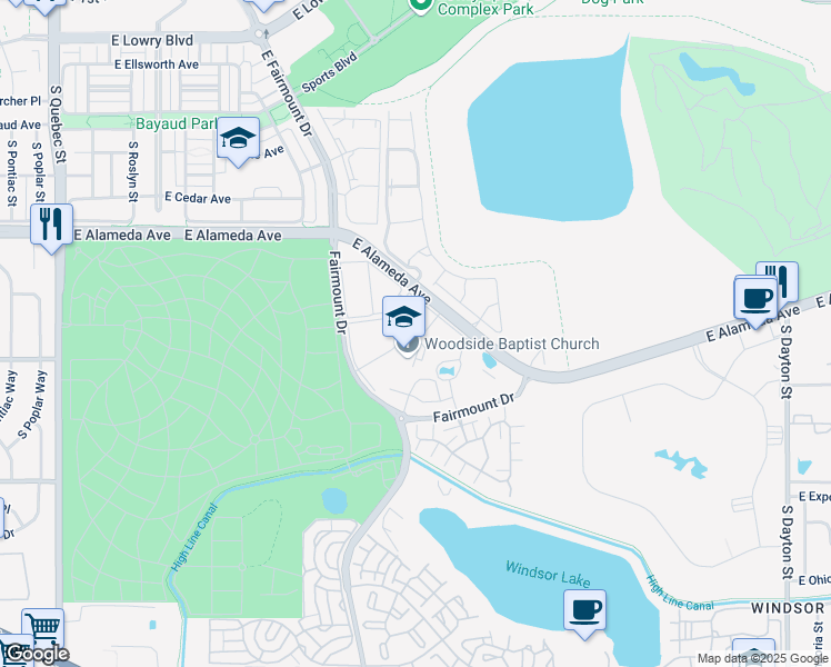 map of restaurants, bars, coffee shops, grocery stores, and more near 8600 East Alameda Avenue in Denver