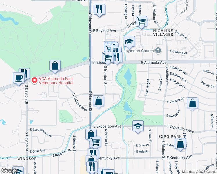 map of restaurants, bars, coffee shops, grocery stores, and more near 456 South Ironton Street in Aurora