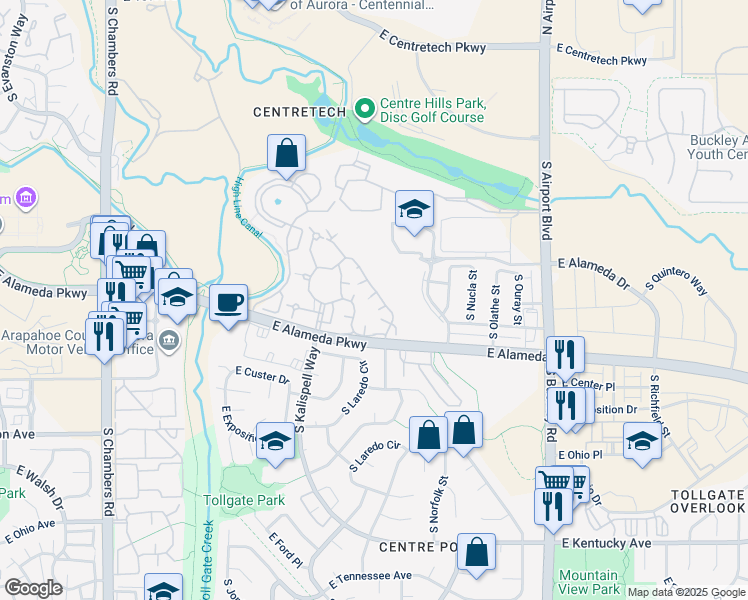 map of restaurants, bars, coffee shops, grocery stores, and more near 16103 East Alaska Place in Aurora
