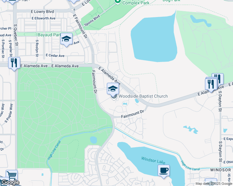 map of restaurants, bars, coffee shops, grocery stores, and more near 8600 East Alameda Avenue in Denver