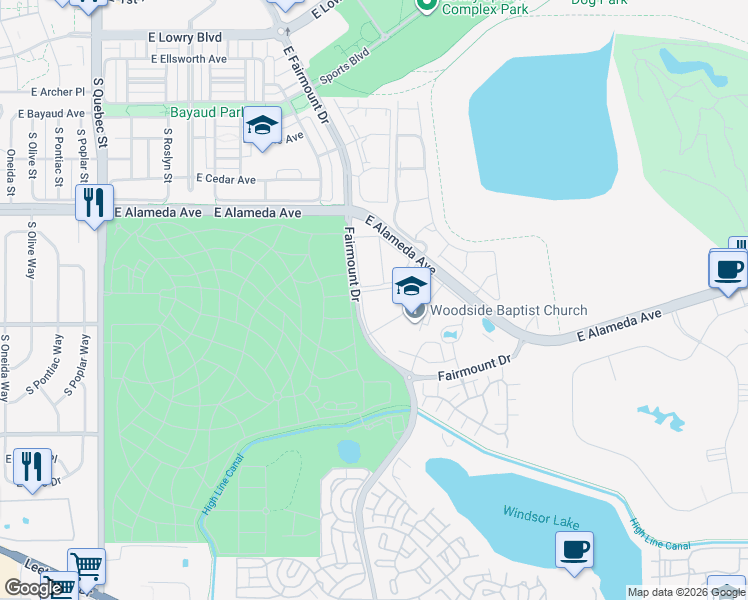 map of restaurants, bars, coffee shops, grocery stores, and more near 8400 Fairmount Drive in Denver