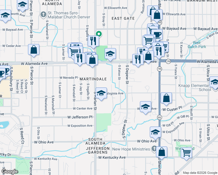 map of restaurants, bars, coffee shops, grocery stores, and more near 460 South Fenton Street in Lakewood