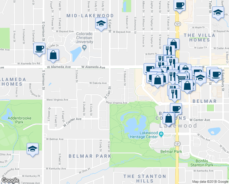 map of restaurants, bars, coffee shops, grocery stores, and more near 8385 West Virginia Avenue in Lakewood