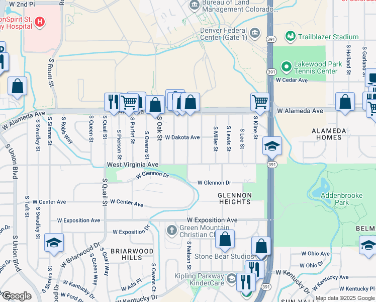 map of restaurants, bars, coffee shops, grocery stores, and more near 465 South Nelson Street in Lakewood