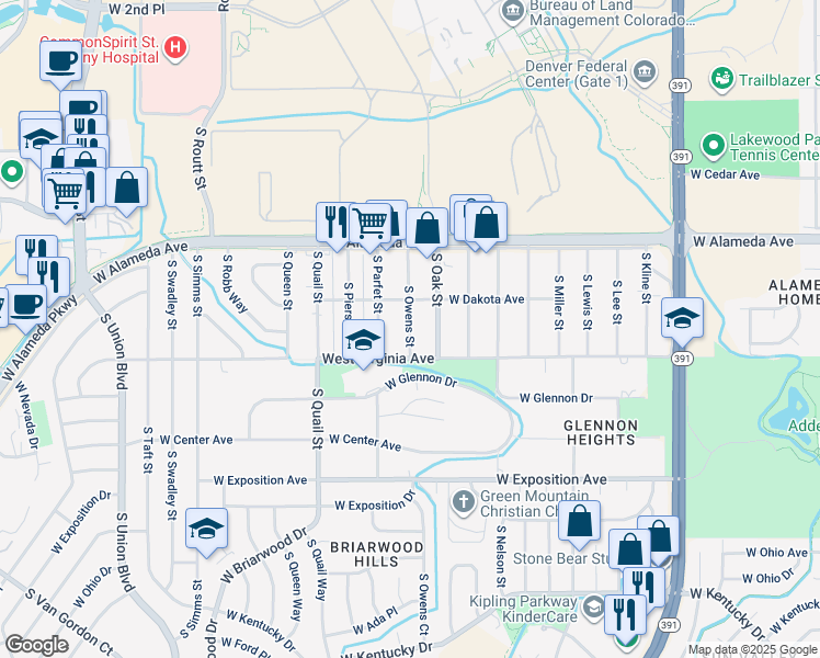 map of restaurants, bars, coffee shops, grocery stores, and more near 470 South Owens Street in Denver