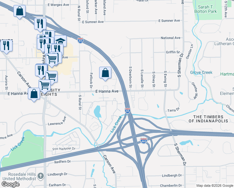 map of restaurants, bars, coffee shops, grocery stores, and more near 3001 East Hanna Avenue in Indianapolis