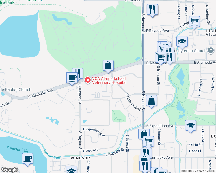 map of restaurants, bars, coffee shops, grocery stores, and more near 10000 East Alameda Avenue in Denver