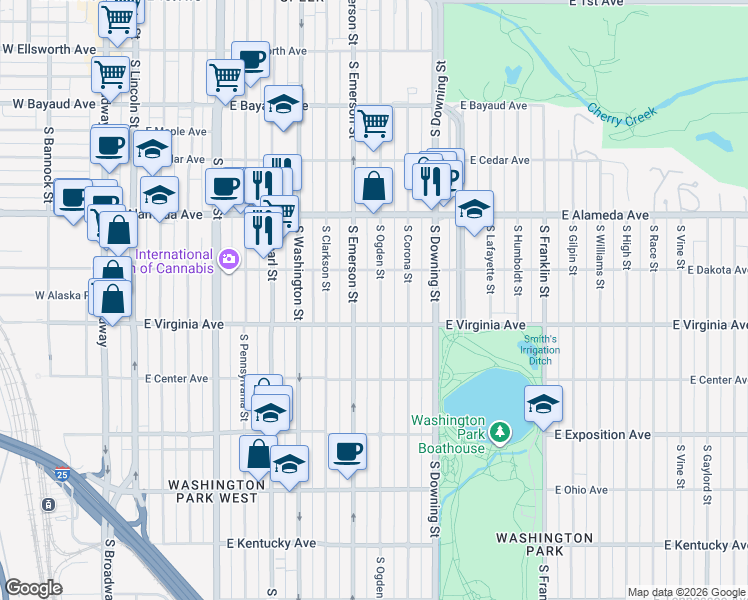 map of restaurants, bars, coffee shops, grocery stores, and more near 469 South Ogden Street in Denver