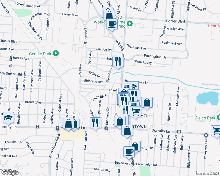 map of restaurants, bars, coffee shops, grocery stores, and more near 1132 Ansel Drive in Dayton