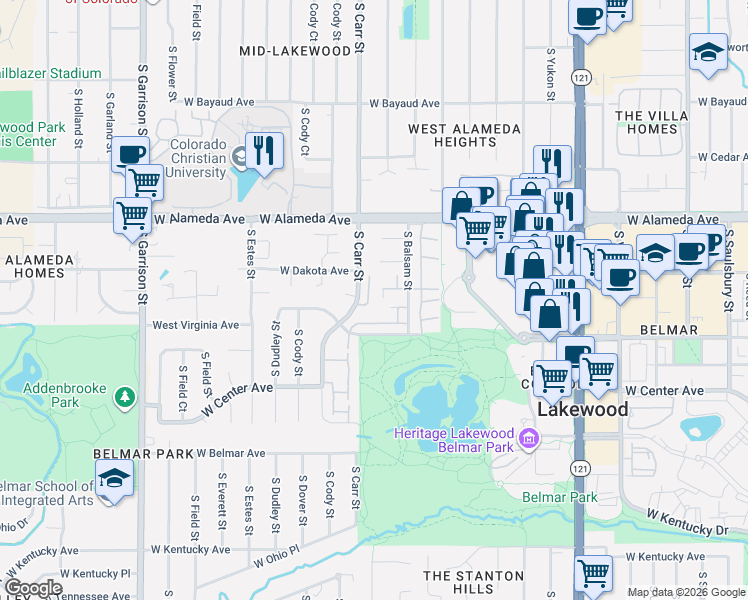 map of restaurants, bars, coffee shops, grocery stores, and more near 8385 West Virginia Avenue in Lakewood