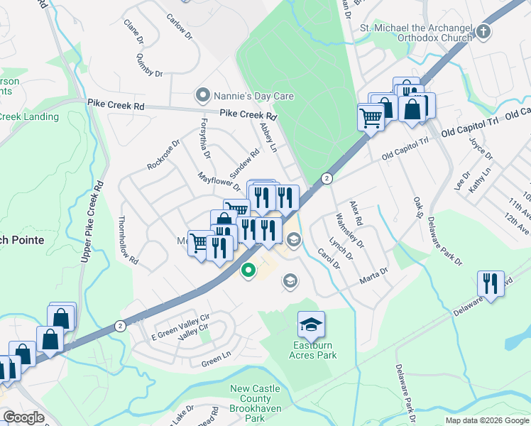 map of restaurants, bars, coffee shops, grocery stores, and more near 2667 Kirkwood Highway in Newark