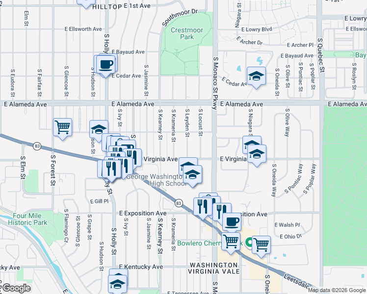 map of restaurants, bars, coffee shops, grocery stores, and more near 480 South Krameria Street in Denver