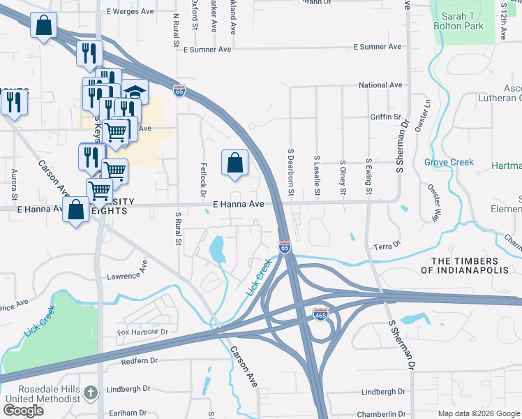 map of restaurants, bars, coffee shops, grocery stores, and more near 3001 East Hanna Avenue in Indianapolis