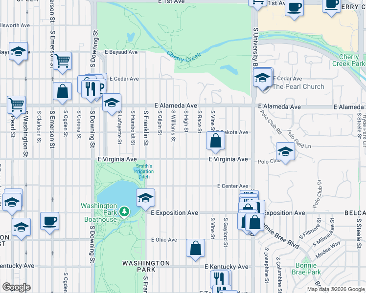 map of restaurants, bars, coffee shops, grocery stores, and more near 469 South High Street in Denver