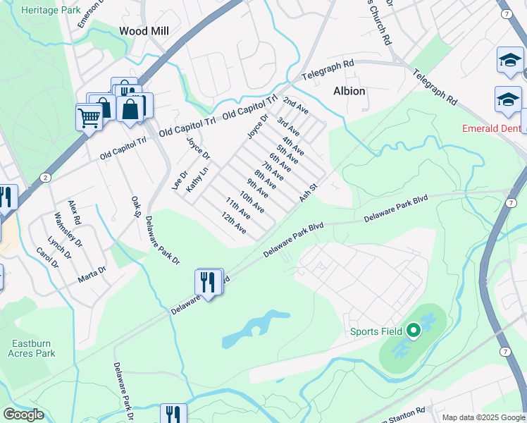 map of restaurants, bars, coffee shops, grocery stores, and more near 10th Avenue in New Castle County