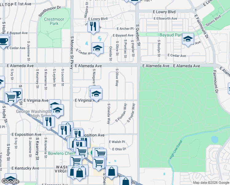 map of restaurants, bars, coffee shops, grocery stores, and more near 485 South Olive Way in Denver