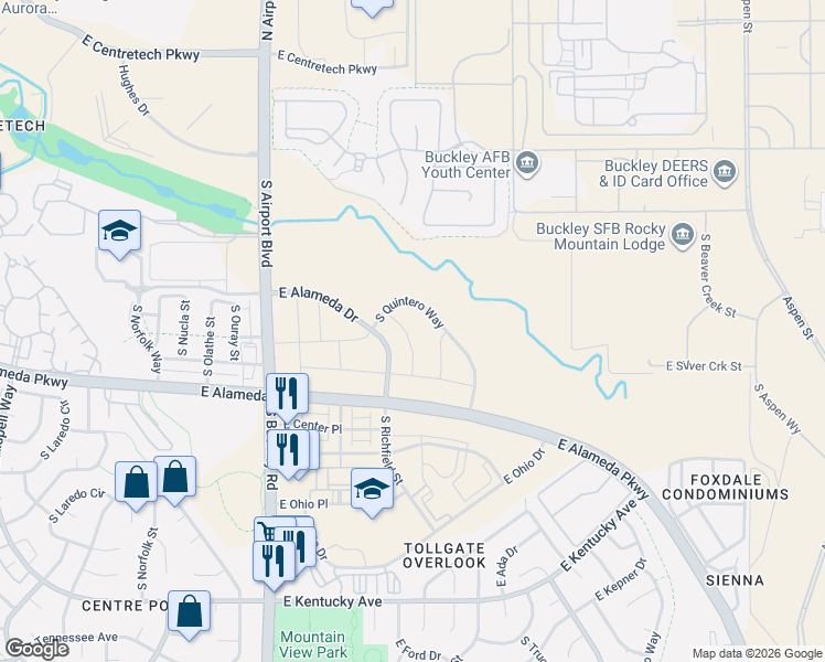 map of restaurants, bars, coffee shops, grocery stores, and more near East Alameda Drive in Aurora