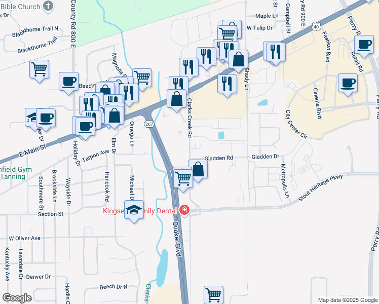map of restaurants, bars, coffee shops, grocery stores, and more near 3818 County Road 850 East in Plainfield