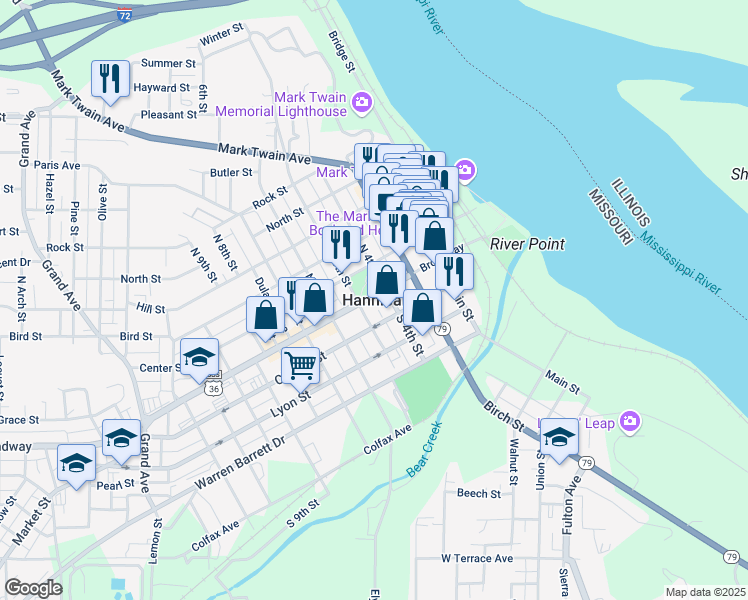 map of restaurants, bars, coffee shops, grocery stores, and more near in Hannibal