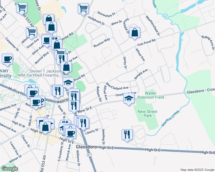 map of restaurants, bars, coffee shops, grocery stores, and more near 120 Alfred Avenue in Glassboro