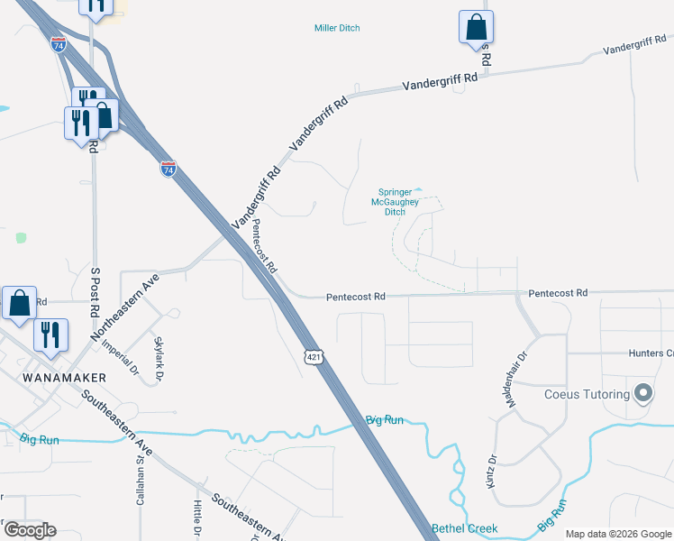 map of restaurants, bars, coffee shops, grocery stores, and more near 9620 Pentecost Road in Indianapolis