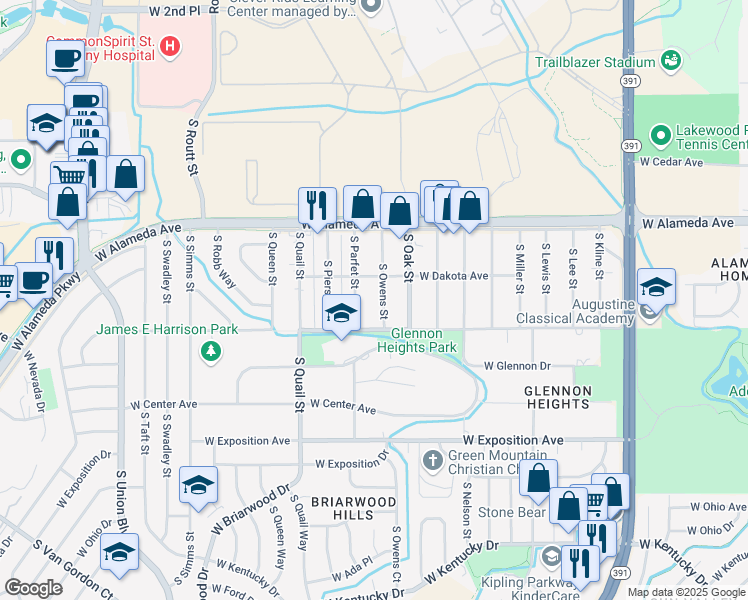 map of restaurants, bars, coffee shops, grocery stores, and more near 470 South Owens Street in Denver