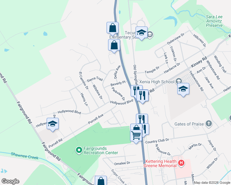 map of restaurants, bars, coffee shops, grocery stores, and more near 1758 Parkview Drive in Xenia