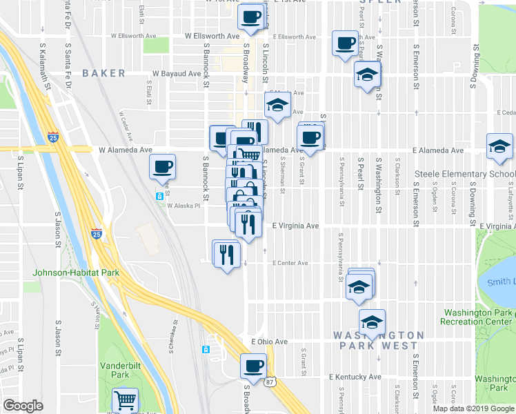 map of restaurants, bars, coffee shops, grocery stores, and more near 451 South Lincoln Street in Denver