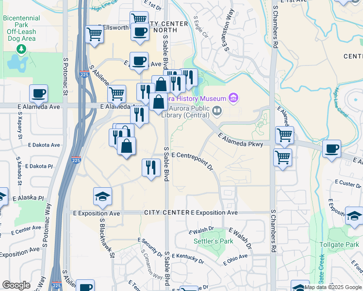 map of restaurants, bars, coffee shops, grocery stores, and more near 14555 East Centrepoint Drive in Aurora