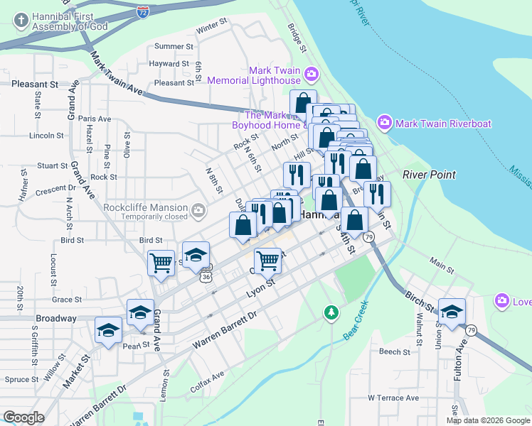 map of restaurants, bars, coffee shops, grocery stores, and more near 719 Center Street in Hannibal
