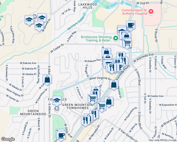 map of restaurants, bars, coffee shops, grocery stores, and more near 474 South Wright Street in Lakewood