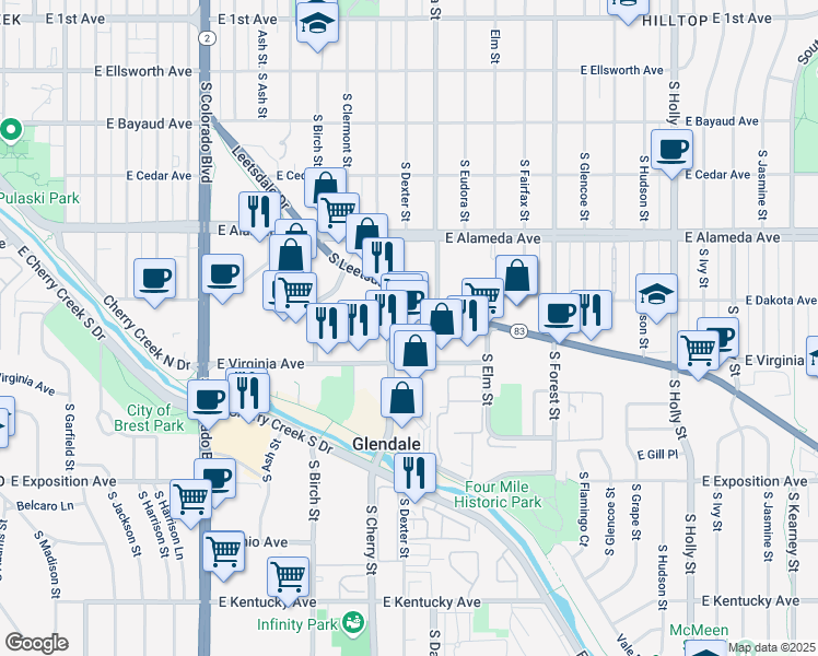 map of restaurants, bars, coffee shops, grocery stores, and more near 4600 Leetsdale Drive in Glendale