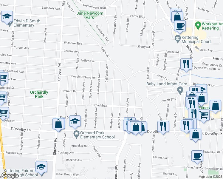 map of restaurants, bars, coffee shops, grocery stores, and more near 2633 Oakley Avenue in Dayton