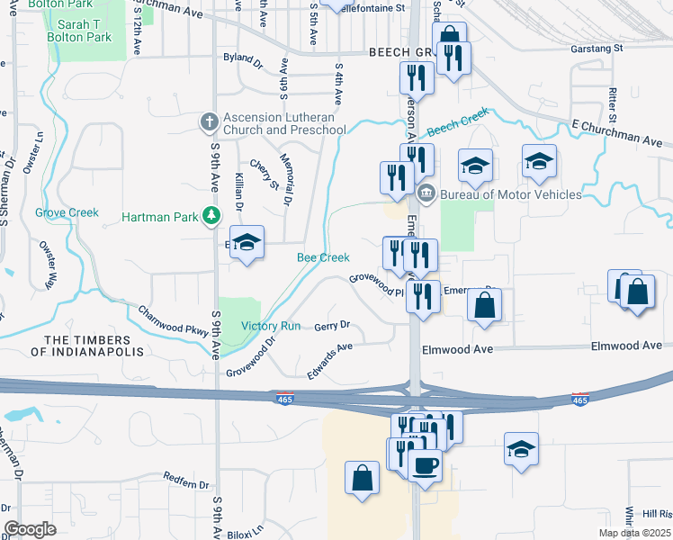 map of restaurants, bars, coffee shops, grocery stores, and more near 240 Grovewood Place in Beech Grove