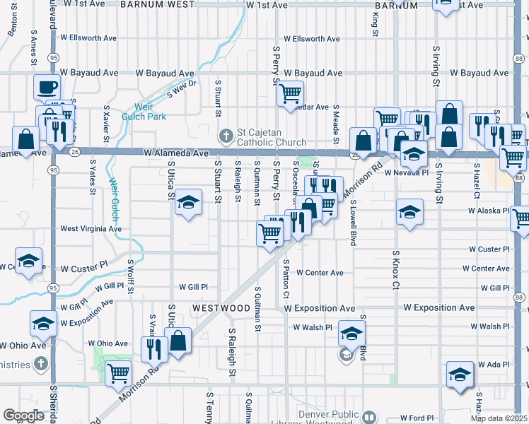 map of restaurants, bars, coffee shops, grocery stores, and more near 450 South Quitman Street in Denver