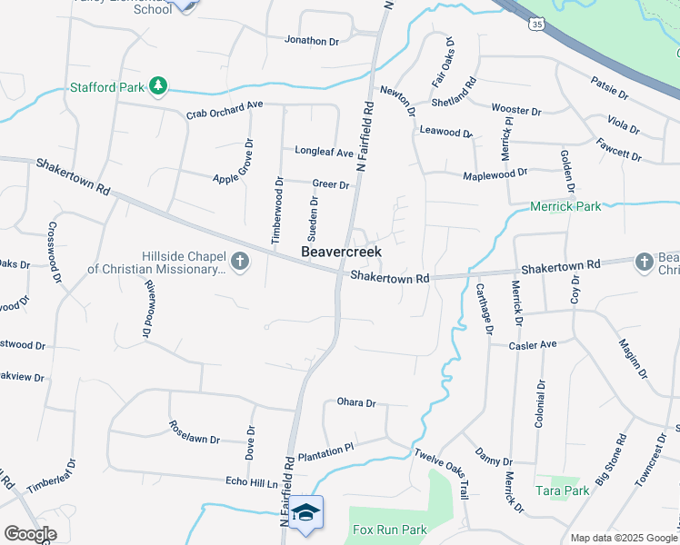 map of restaurants, bars, coffee shops, grocery stores, and more near Shakertown Rd & N Fairfield Rd in Beavercreek