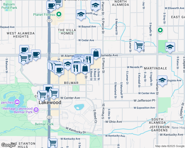 map of restaurants, bars, coffee shops, grocery stores, and more near 472 South Reed Court in Lakewood