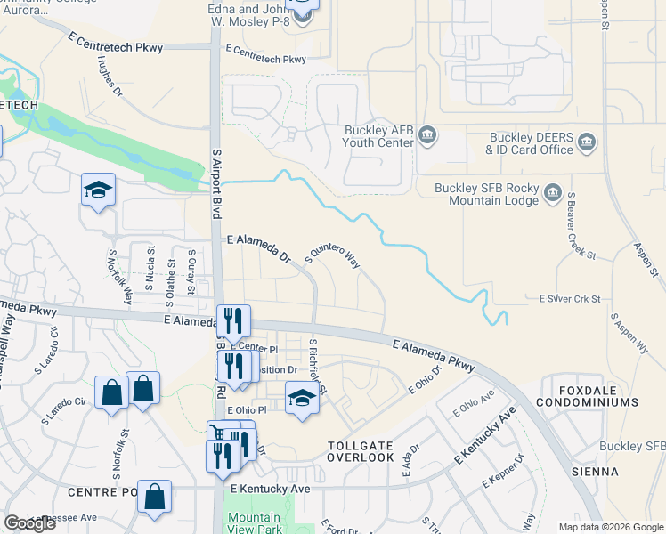 map of restaurants, bars, coffee shops, grocery stores, and more near East Alameda Drive in Aurora