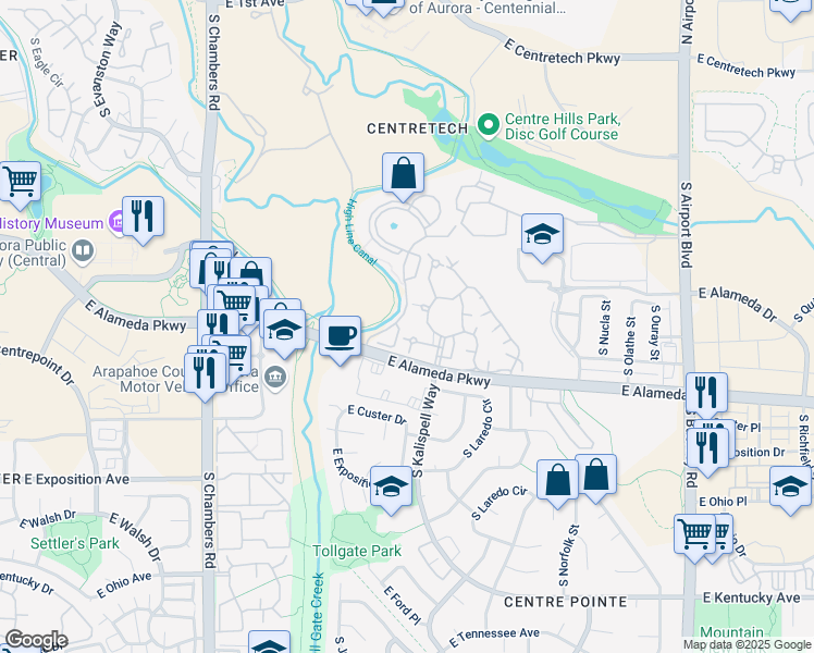 map of restaurants, bars, coffee shops, grocery stores, and more near 481 South Kalispell Way in Aurora