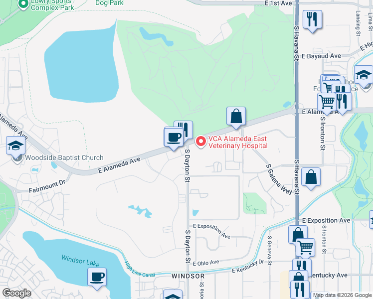 map of restaurants, bars, coffee shops, grocery stores, and more near 495 East Center Avenue in Denver