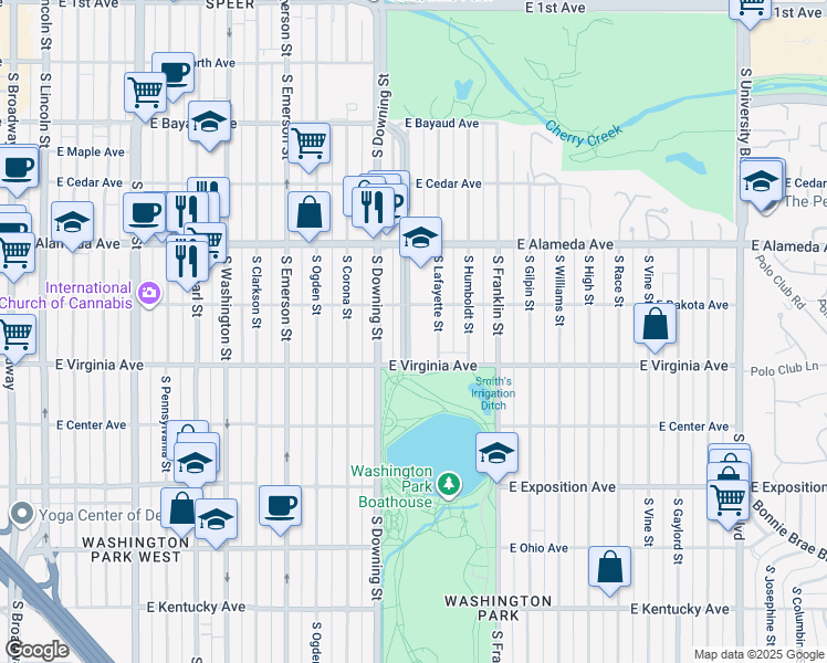 map of restaurants, bars, coffee shops, grocery stores, and more near 480 South Marion Parkway in Denver